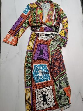 ZARA Womens M Multicolor Scarf Patchwork Print 2 Piece Set Crop Top & Midi Skirt